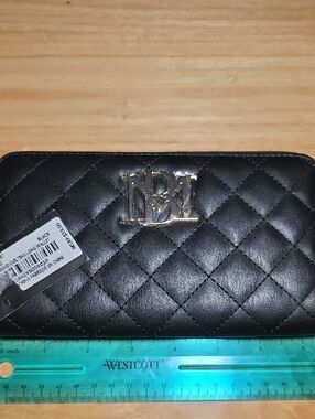 Badgley Mischka Quilted Black Wallet with Gold Logo Emblem